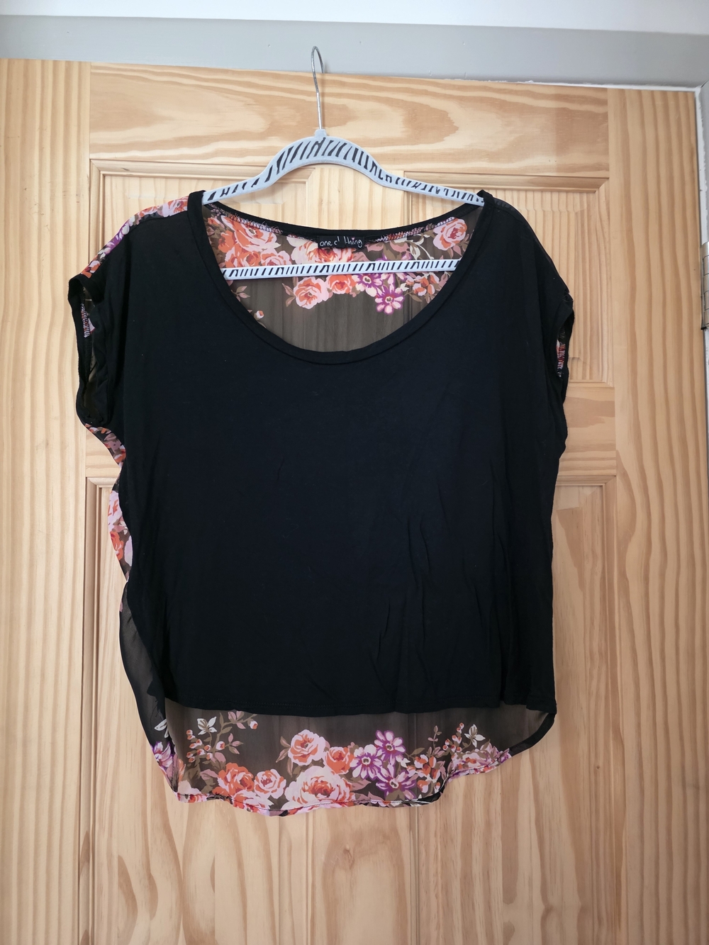 Black Floral, Sheer Back, Short Sleeve Shirt